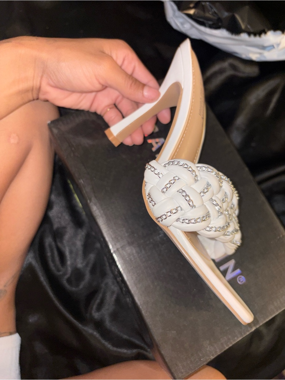 Cape Robbin White Braided Crystal-Embellished Heel Mule